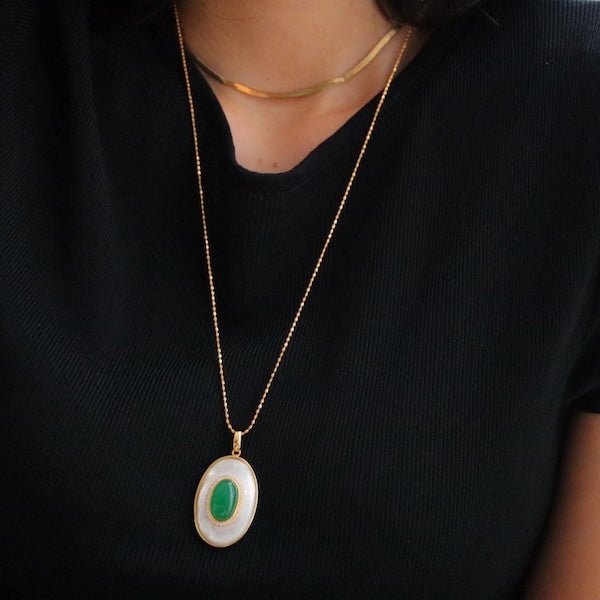 Heirloom groene onyx en parelmoer hanger ketting