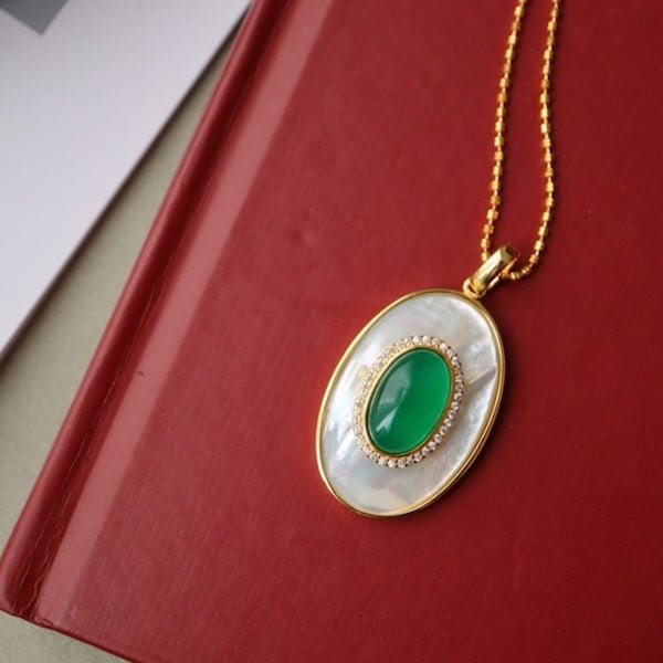 Heirloom groene onyx en parelmoer hanger ketting