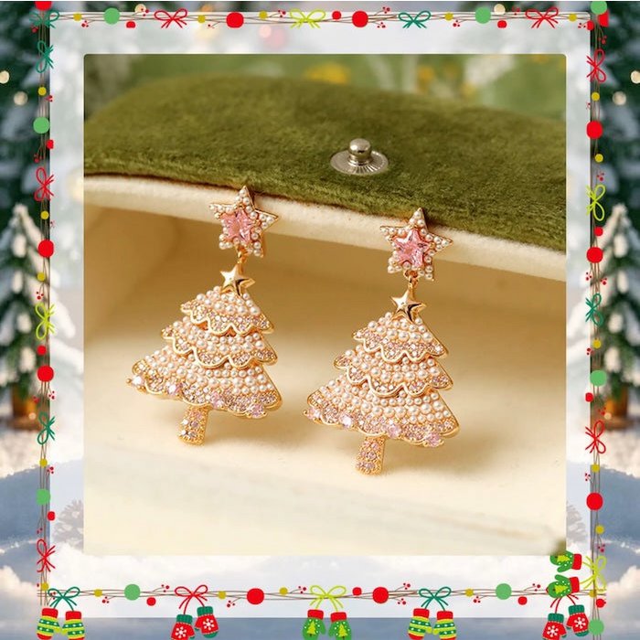 Roze parel kerstboom oorbellen