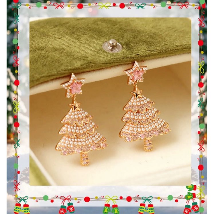 Roze parel kerstboom oorbellen