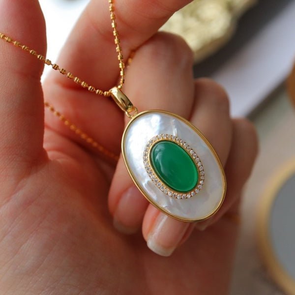 Heirloom groene onyx en parelmoer hanger ketting