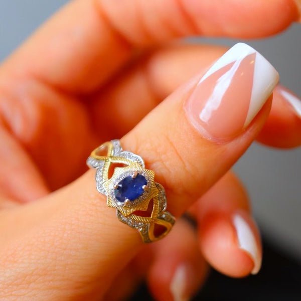Vintage koninklijke saffierkroonring – echte saffier