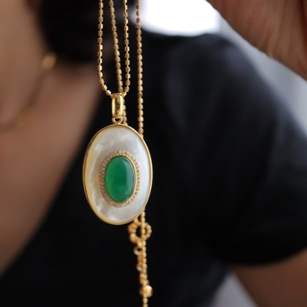Heirloom groene onyx en parelmoer hanger ketting