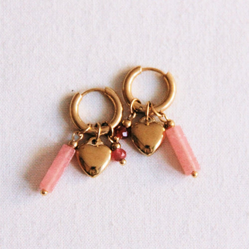 Brede oorring met buis, facet en hart - roze