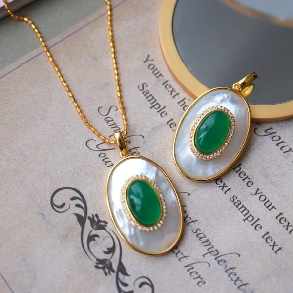 Heirloom groene onyx en parelmoer hanger ketting