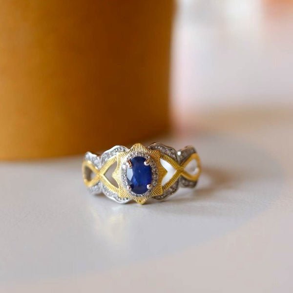 Vintage koninklijke saffierkroonring – echte saffier