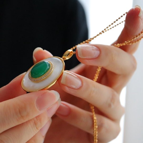 Heirloom groene onyx en parelmoer hanger ketting