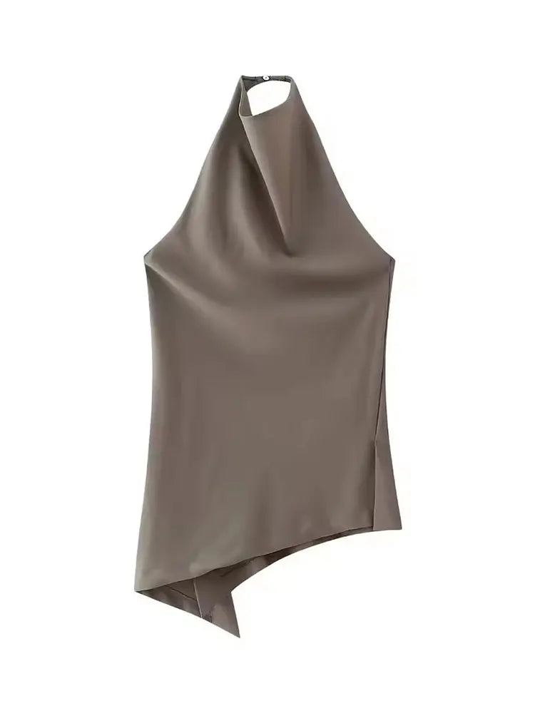 HH Womens Luxury Satin Two Piece Set Halter Neck Asymmetrical Top And Wide Leg Pants Elegant Party Club Outfit For Spring Summer