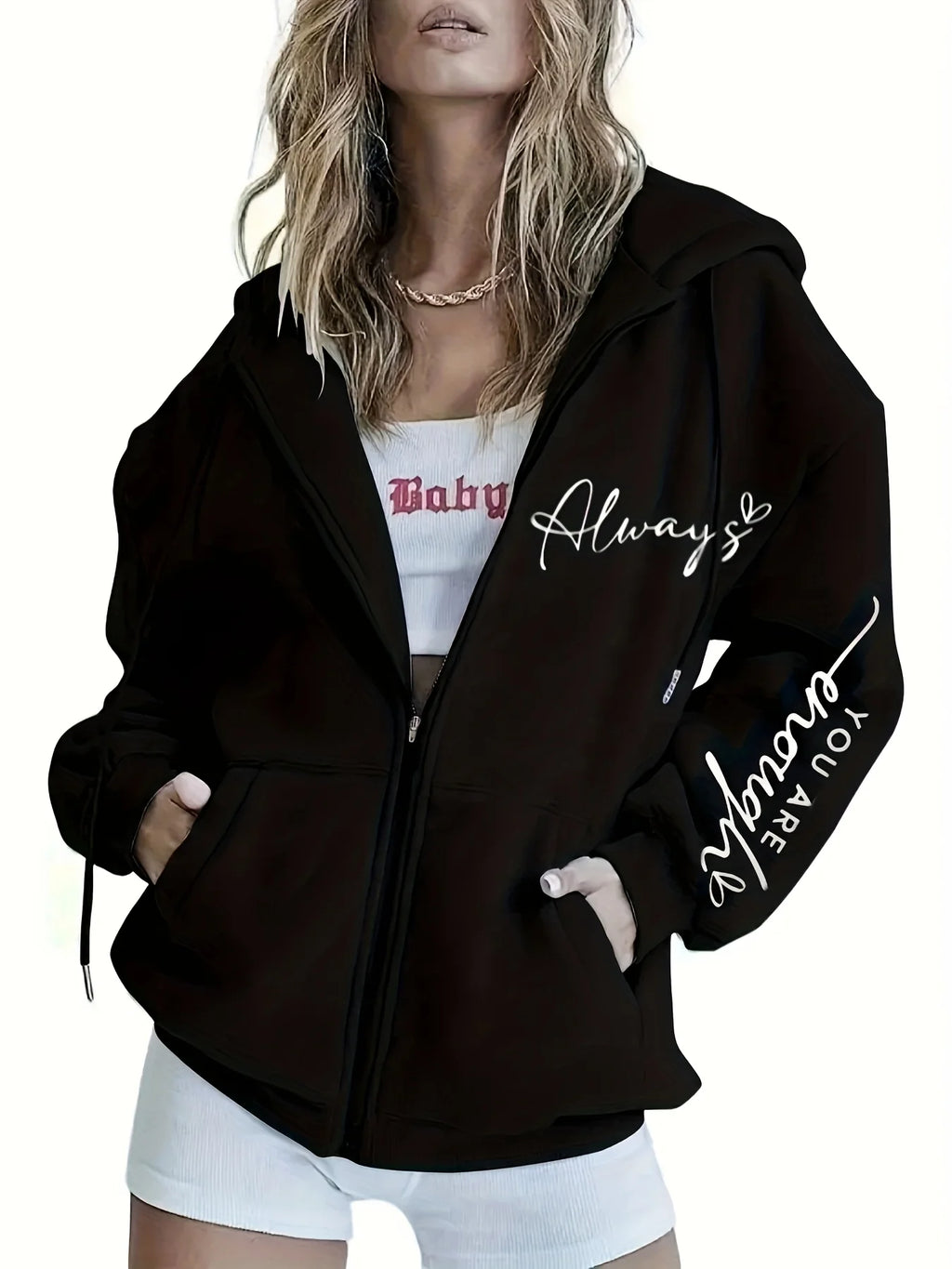 Women's double-sided floral print lightweight jacket - casual hooded zipper pocket jacket, suitable for spring and autumn