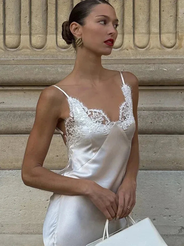 HH Women Lace Spliced Beige Dress Summer Sleeveless Spaghetti Straps V-Neck Satin Slim Long Dress Formal Evening Dresses Wear