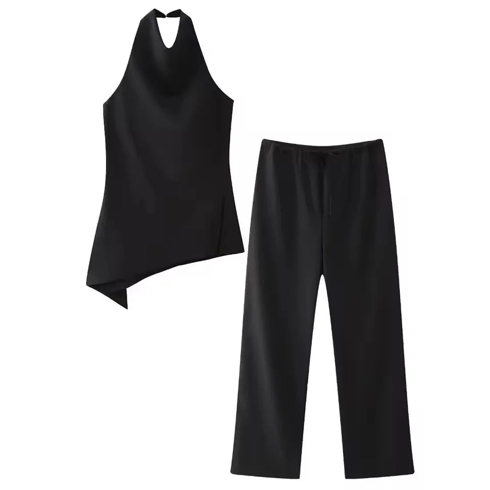 HH Womens Luxury Satin Two Piece Set Halter Neck Asymmetrical Top And Wide Leg Pants Elegant Party Club Outfit For Spring Summer