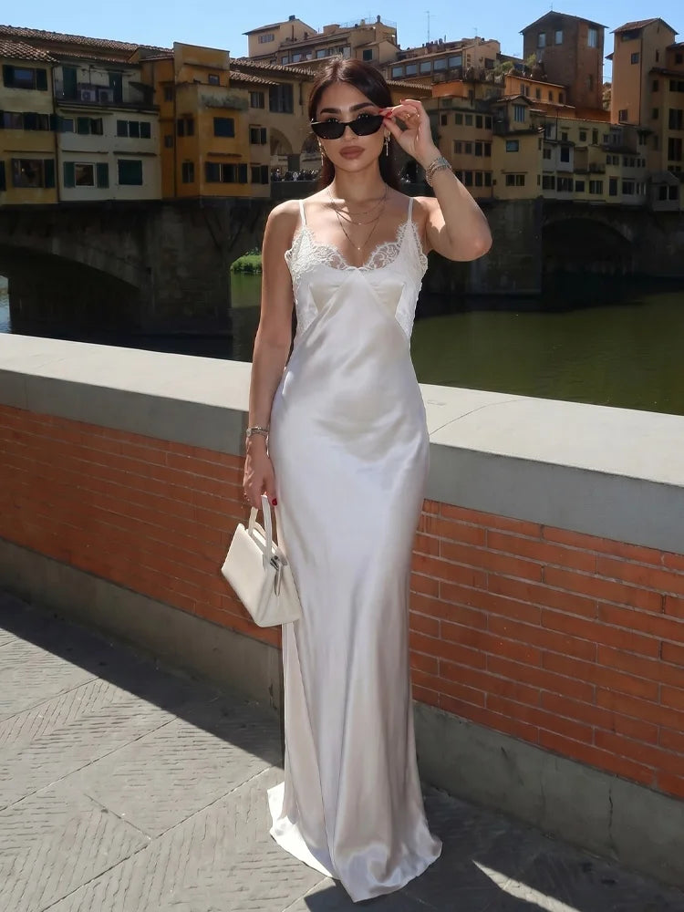 HH Women Lace Spliced Beige Dress Summer Sleeveless Spaghetti Straps V-Neck Satin Slim Long Dress Formal Evening Dresses Wear