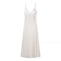 HH Women Lace Spliced Beige Dress Summer Sleeveless Spaghetti Straps V-Neck Satin Slim Long Dress Formal Evening Dresses Wear
