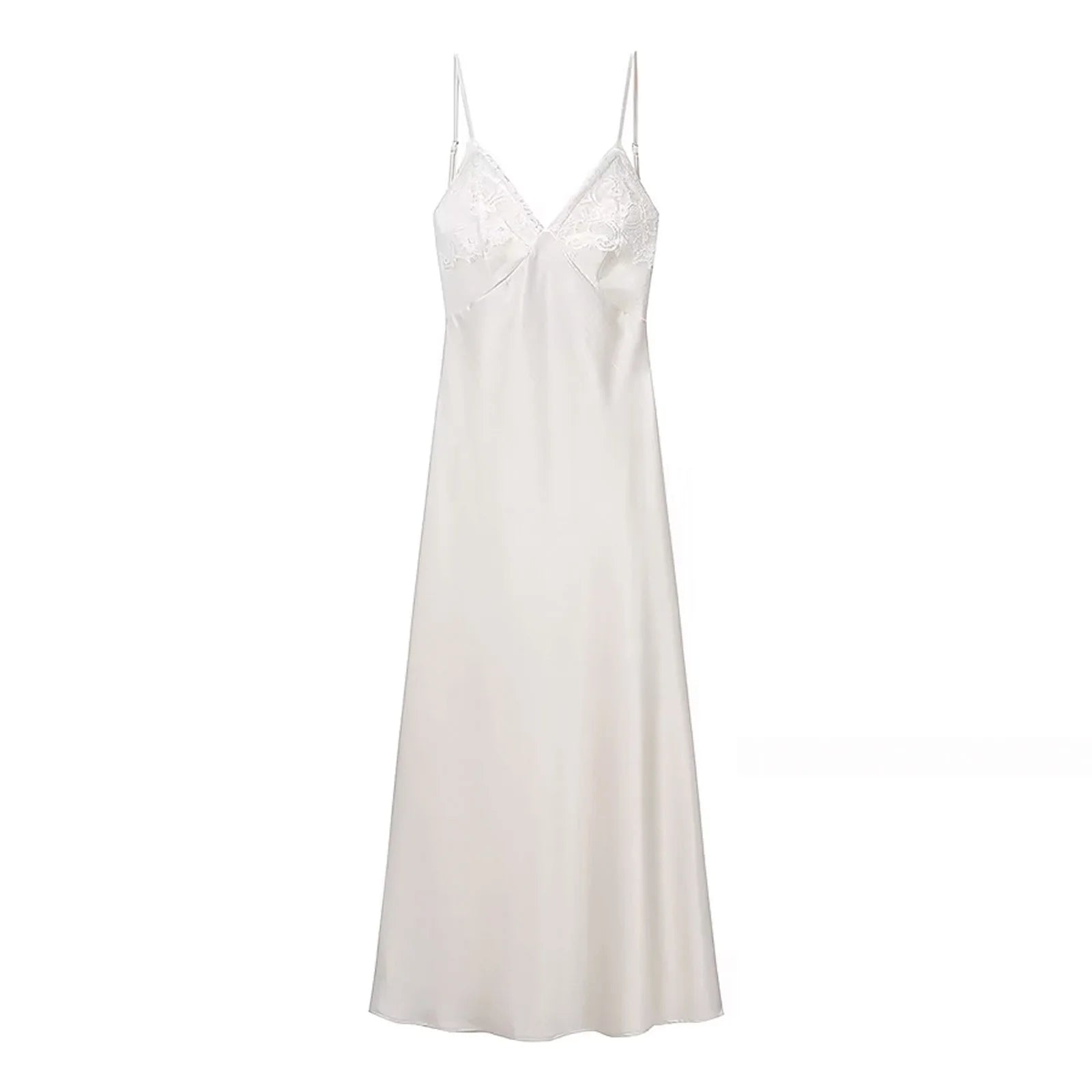 HH Women Lace Spliced Beige Dress Summer Sleeveless Spaghetti Straps V-Neck Satin Slim Long Dress Formal Evening Dresses Wear