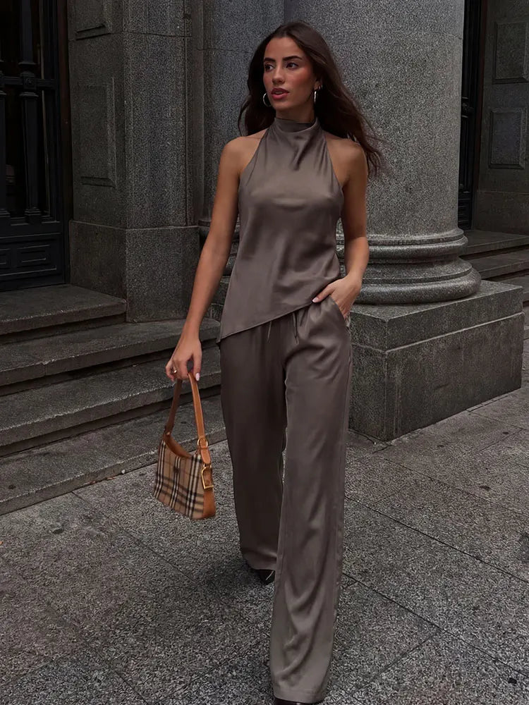 HH Womens Luxury Satin Two Piece Set Halter Neck Asymmetrical Top And Wide Leg Pants Elegant Party Club Outfit For Spring Summer