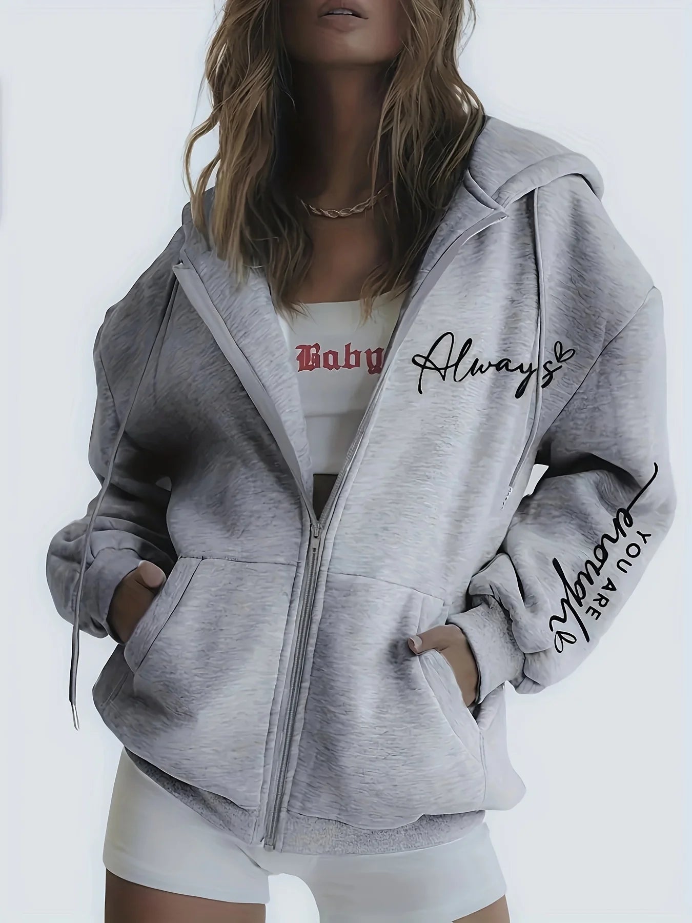 Women's double-sided floral print lightweight jacket - casual hooded zipper pocket jacket, suitable for spring and autumn