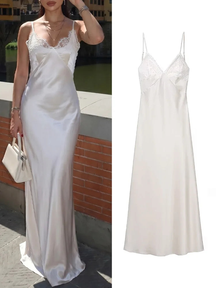 HH Women Lace Spliced Beige Dress Summer Sleeveless Spaghetti Straps V-Neck Satin Slim Long Dress Formal Evening Dresses Wear