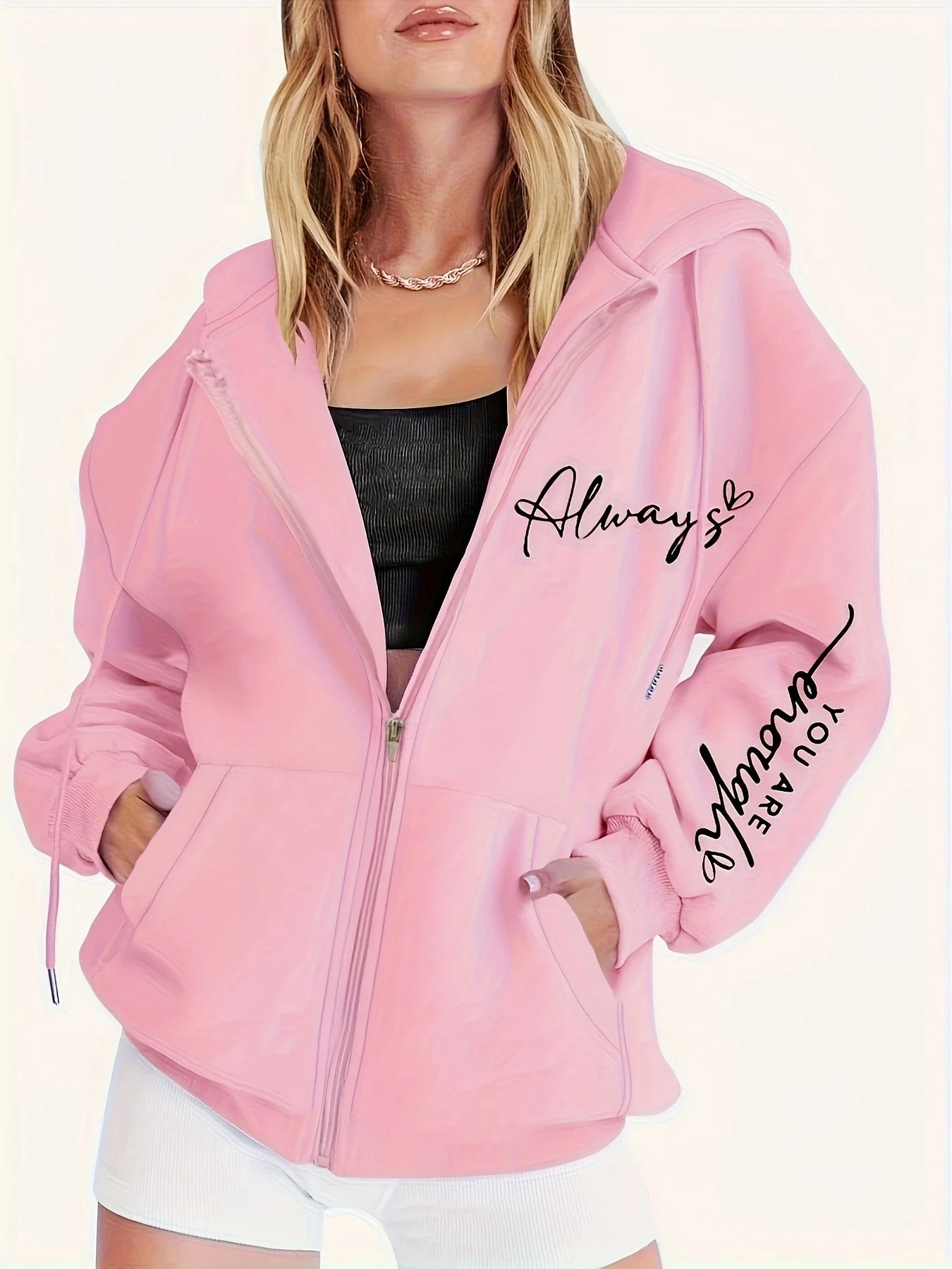 Women's double-sided floral print lightweight jacket - casual hooded zipper pocket jacket, suitable for spring and autumn