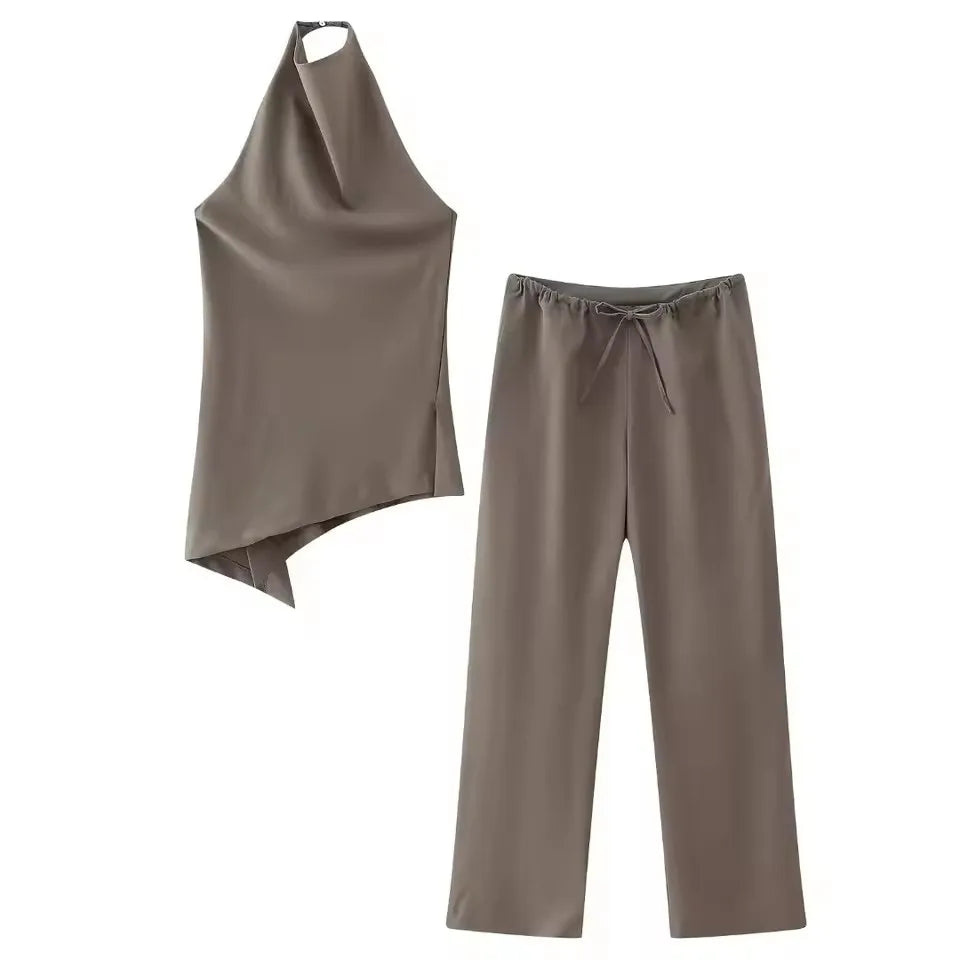 HH Womens Luxury Satin Two Piece Set Halter Neck Asymmetrical Top And Wide Leg Pants Elegant Party Club Outfit For Spring Summer