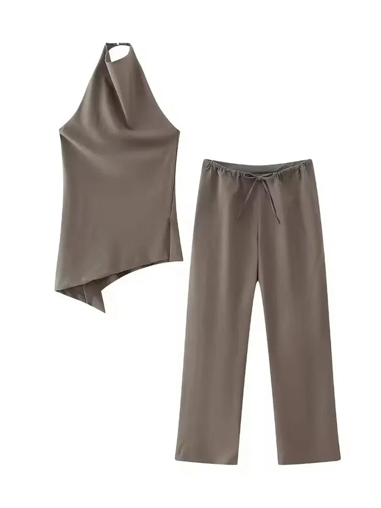 HH Womens Luxury Satin Two Piece Set Halter Neck Asymmetrical Top And Wide Leg Pants Elegant Party Club Outfit For Spring Summer