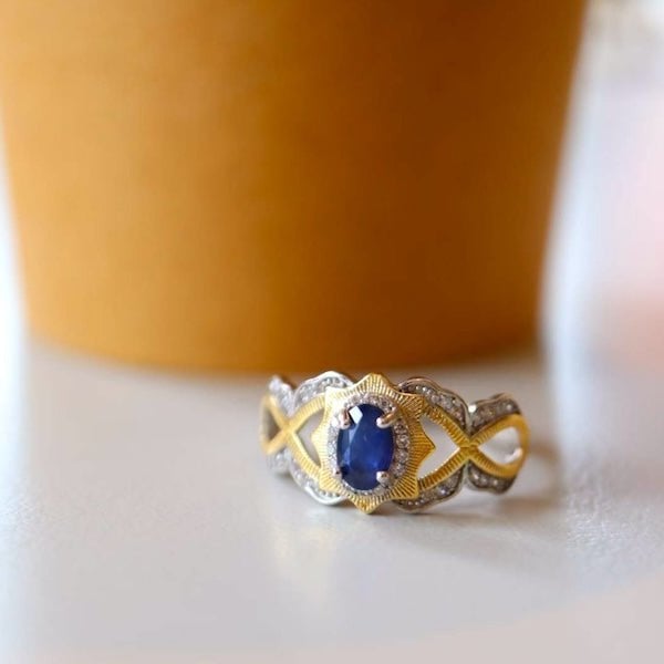 Vintage koninklijke saffierkroonring – echte saffier