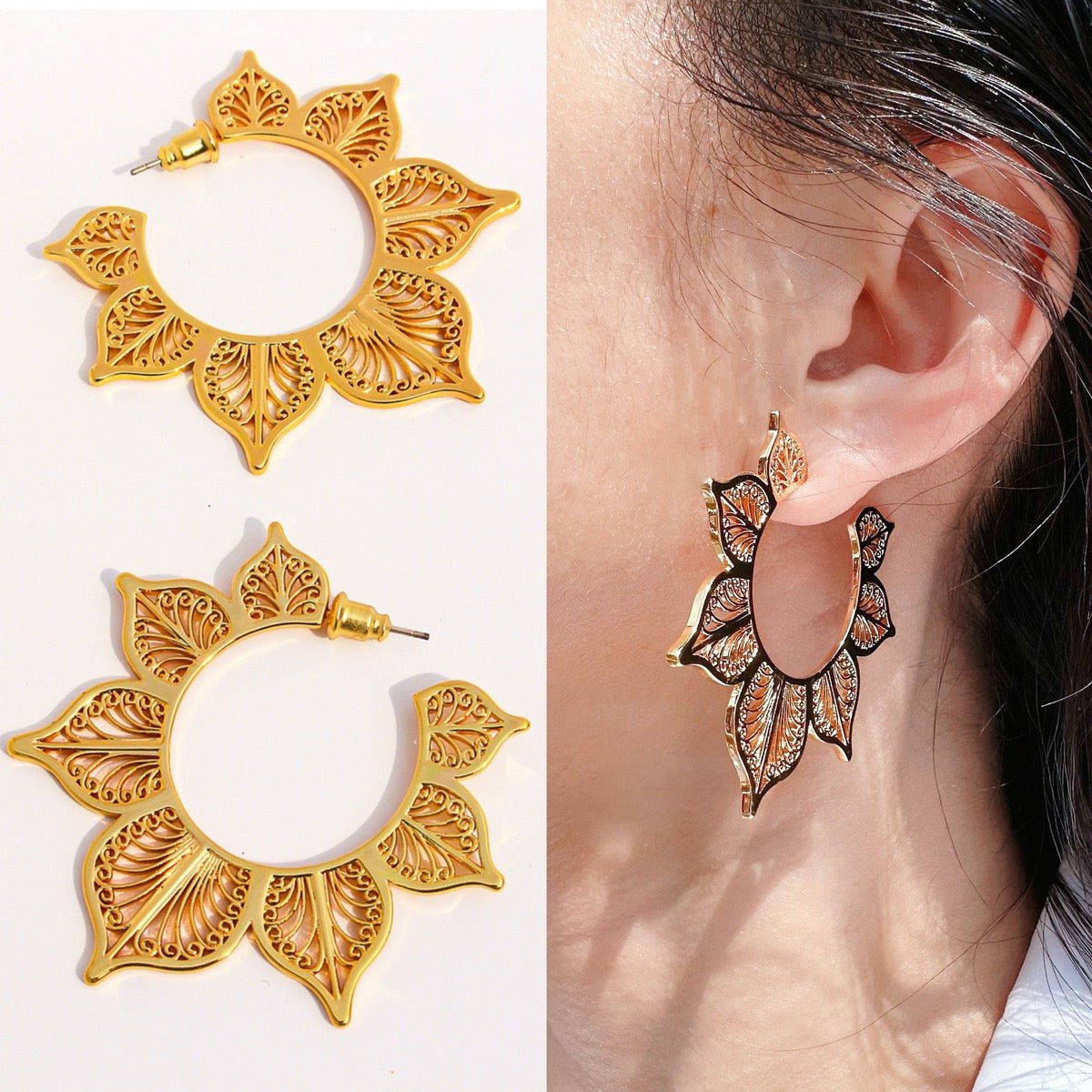 Filigraan -stijl Lotus Flower Hoop -oorbellen