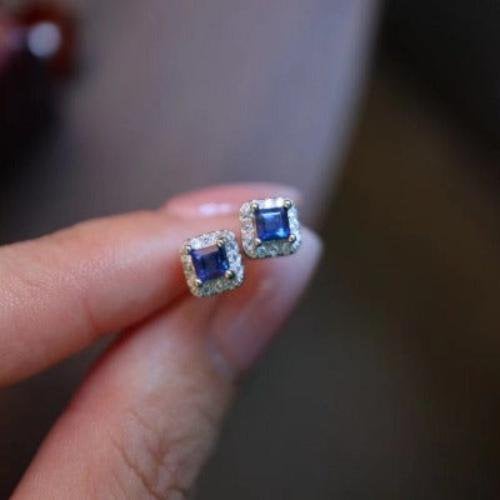 Vintage saffier Halo Stud Oorbellen – echte saffier