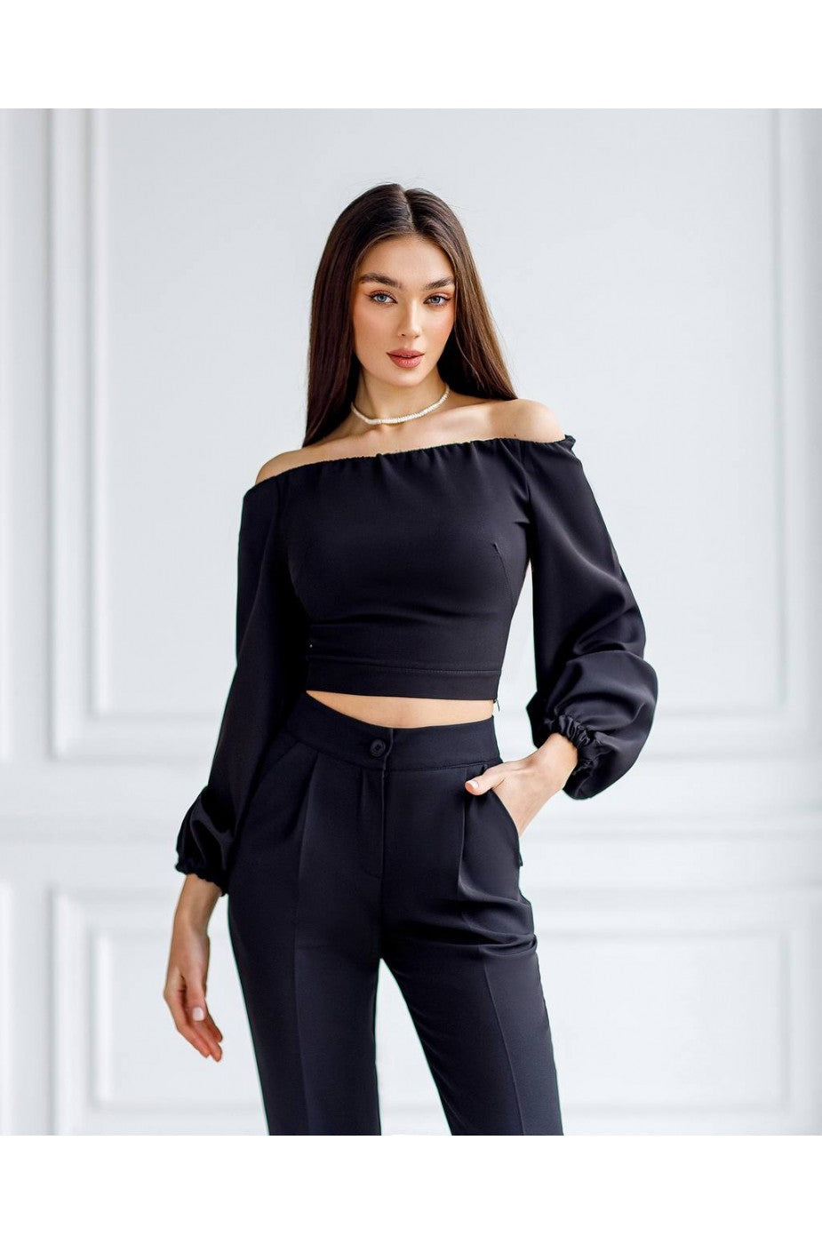 Black Off-Shoulder Crop Top with Puff Sleeves-0
