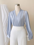 Gathered Crepe Georgette Long Sleeve Top with V-Neck-0