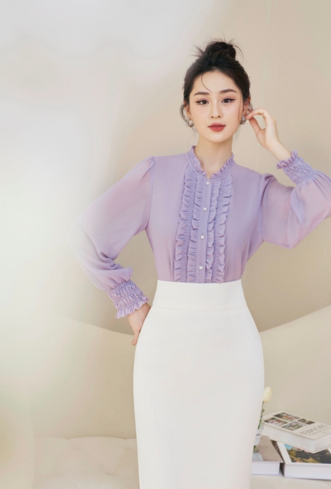 Frilled Front Shirt with Smocked Cuffs-0