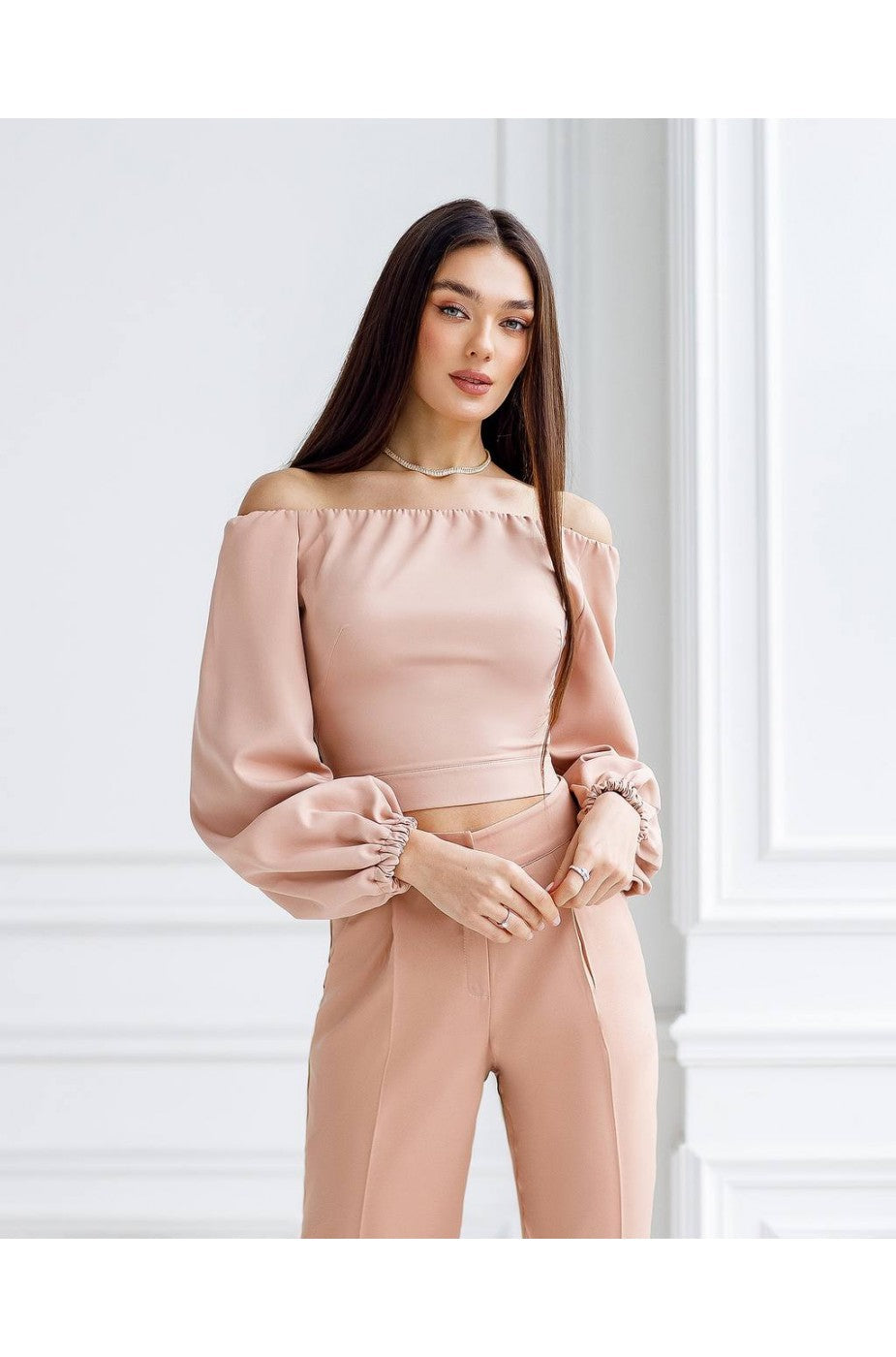 Black Off-Shoulder Crop Top with Puff Sleeves-2