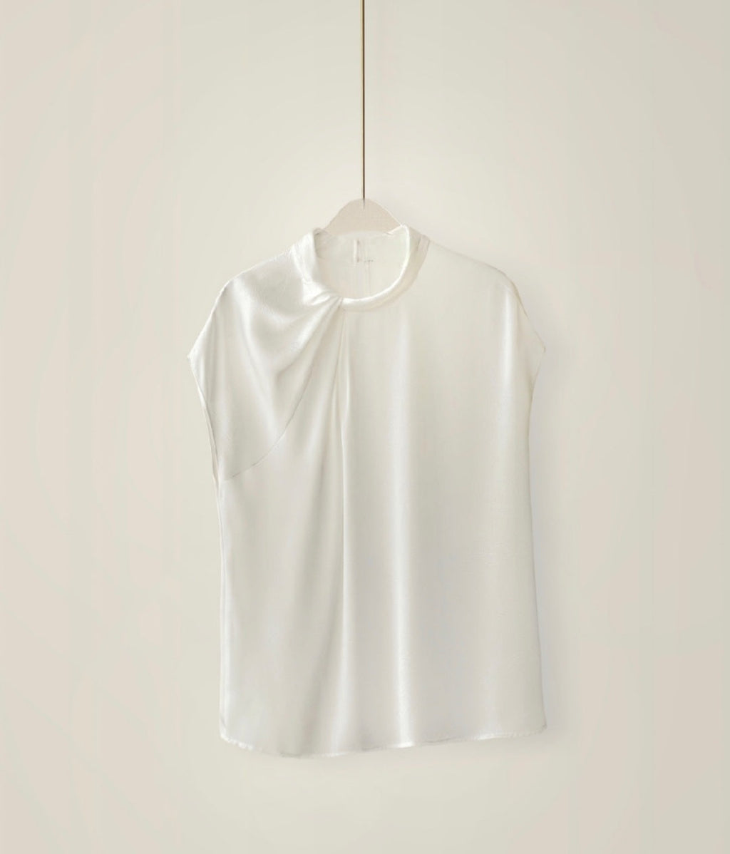 Pleated Short Sleeve Satin Top with Neck Detail-1