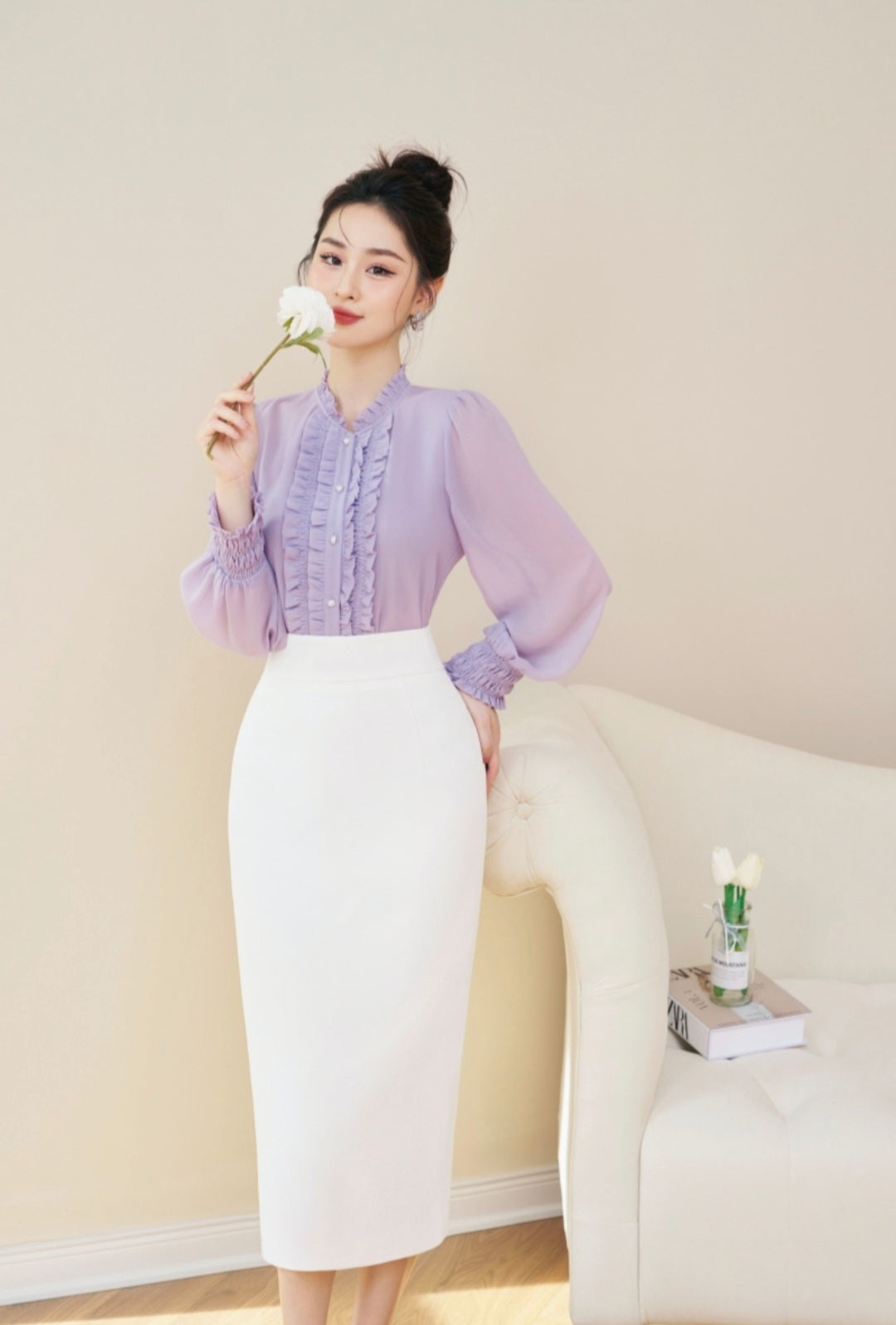 Frilled Front Shirt with Smocked Cuffs-4