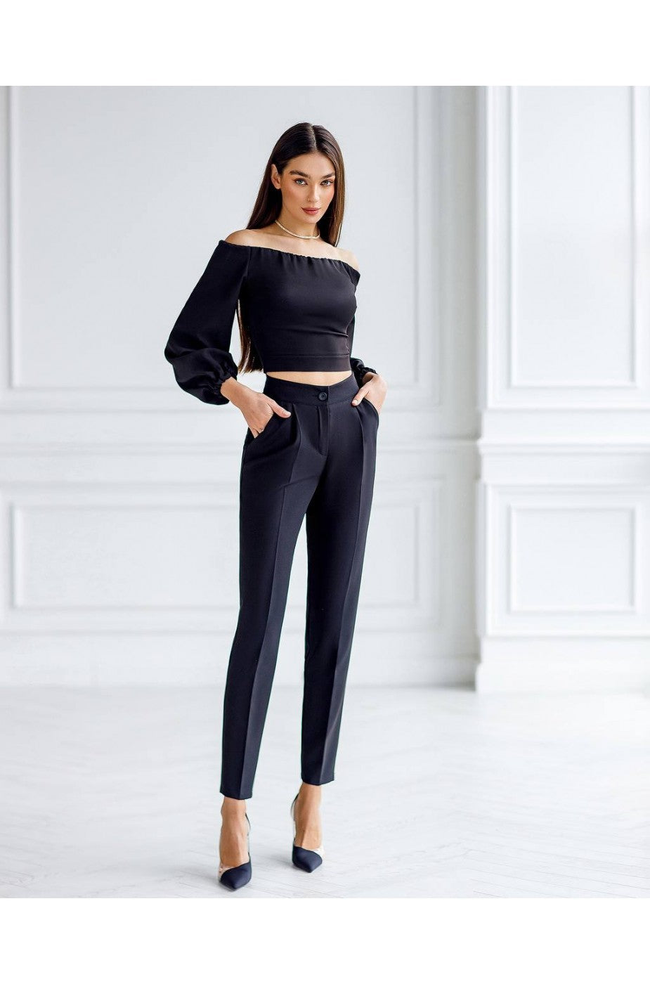 Black Off-Shoulder Crop Top with Puff Sleeves-1