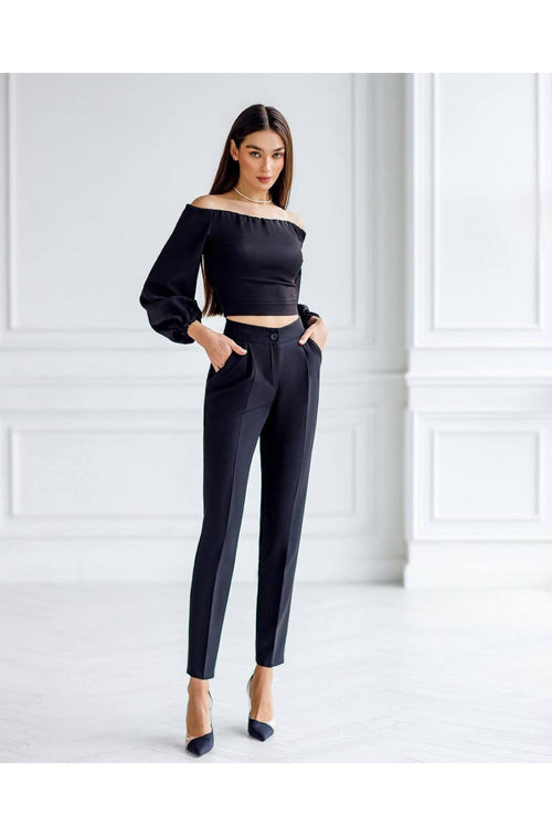 Black Off-Shoulder Crop Top with Puff Sleeves-1