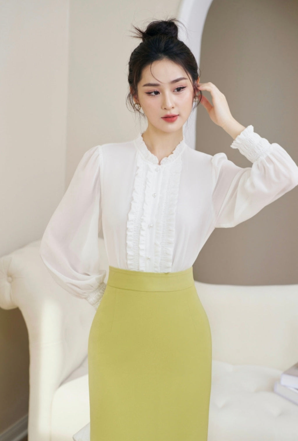 Frilled Front Shirt with Smocked Cuffs-1