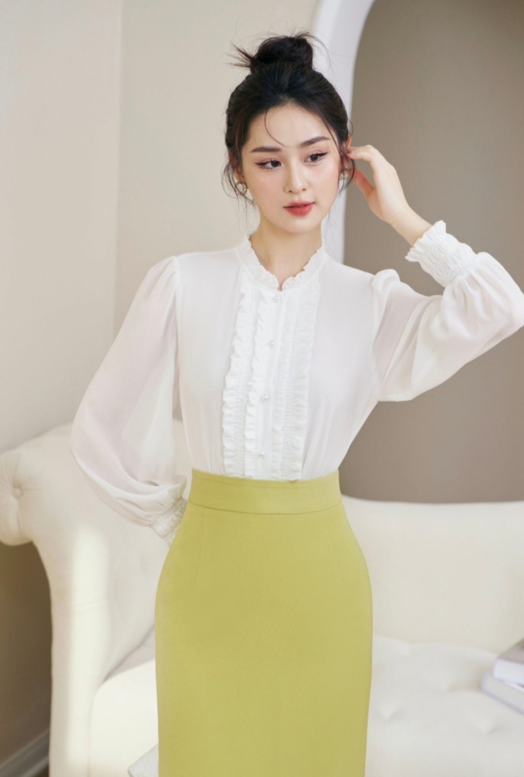 Frilled Front Shirt with Smocked Cuffs-1