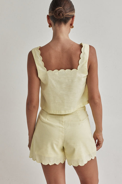 Butter Yellow Linen Shorts – High-Waist with Scalloped Hem-1