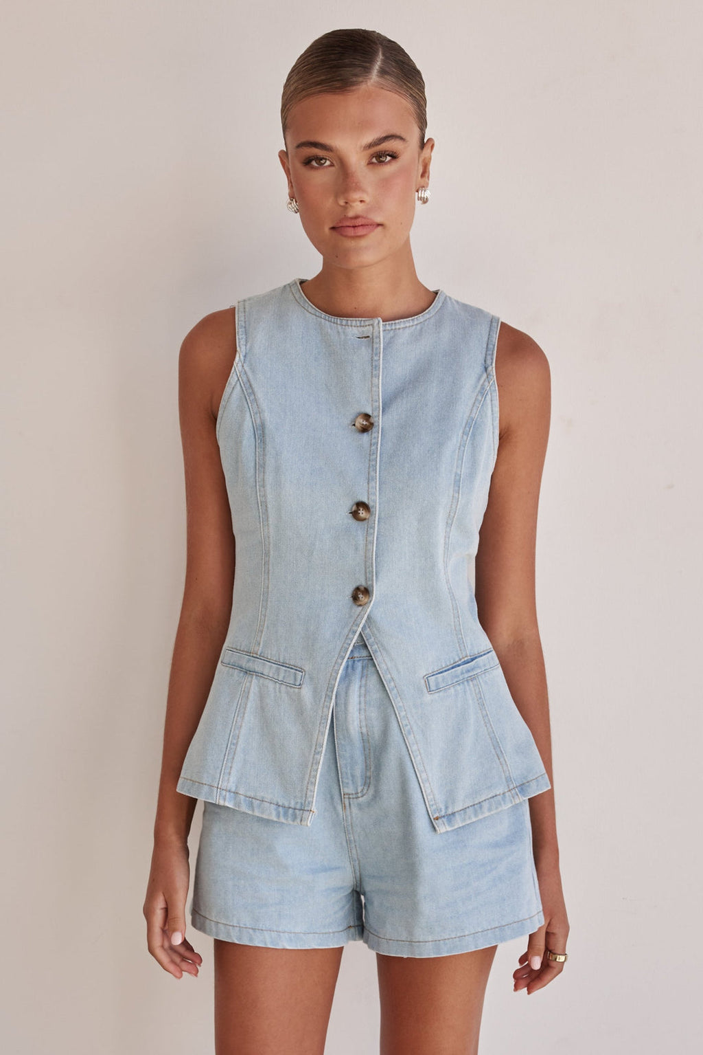 Sleeveless Denim Vest for Women with Front Pockets-0