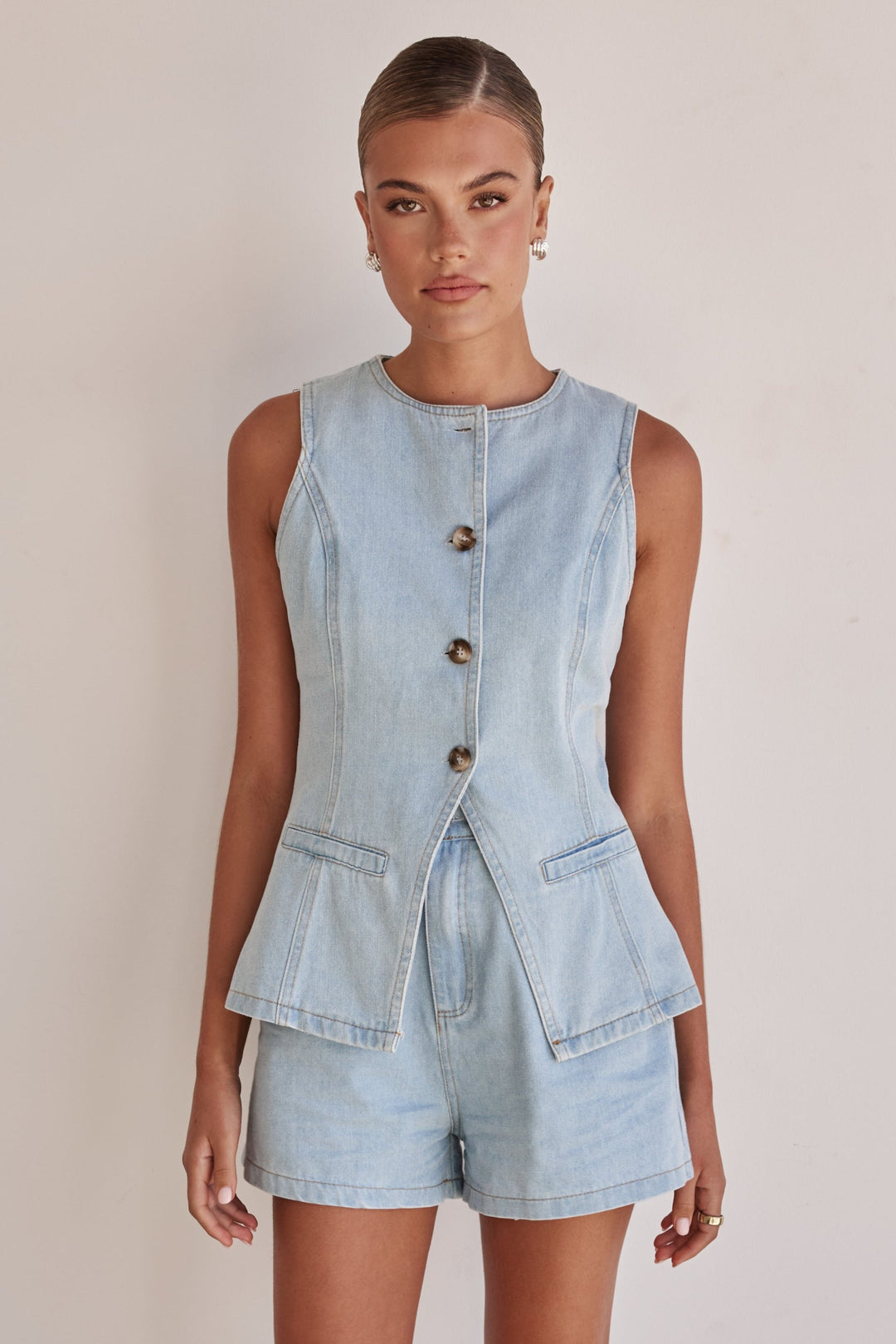 Sleeveless Denim Vest for Women with Front Pockets-0