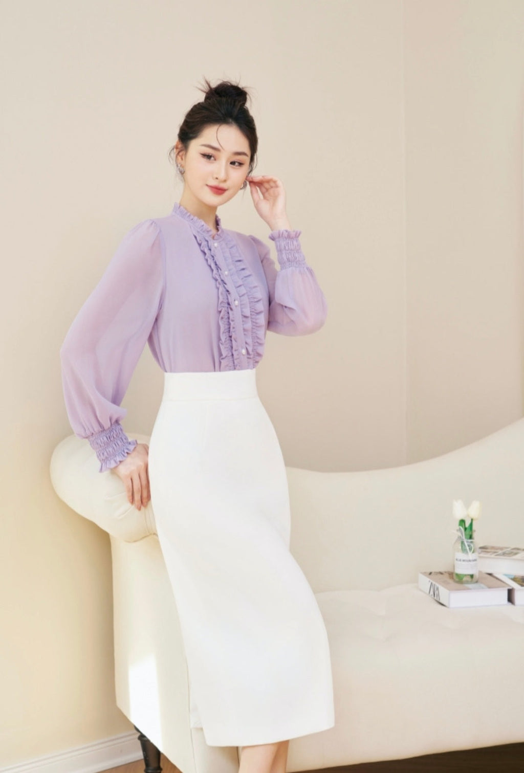 Frilled Front Shirt with Smocked Cuffs-2